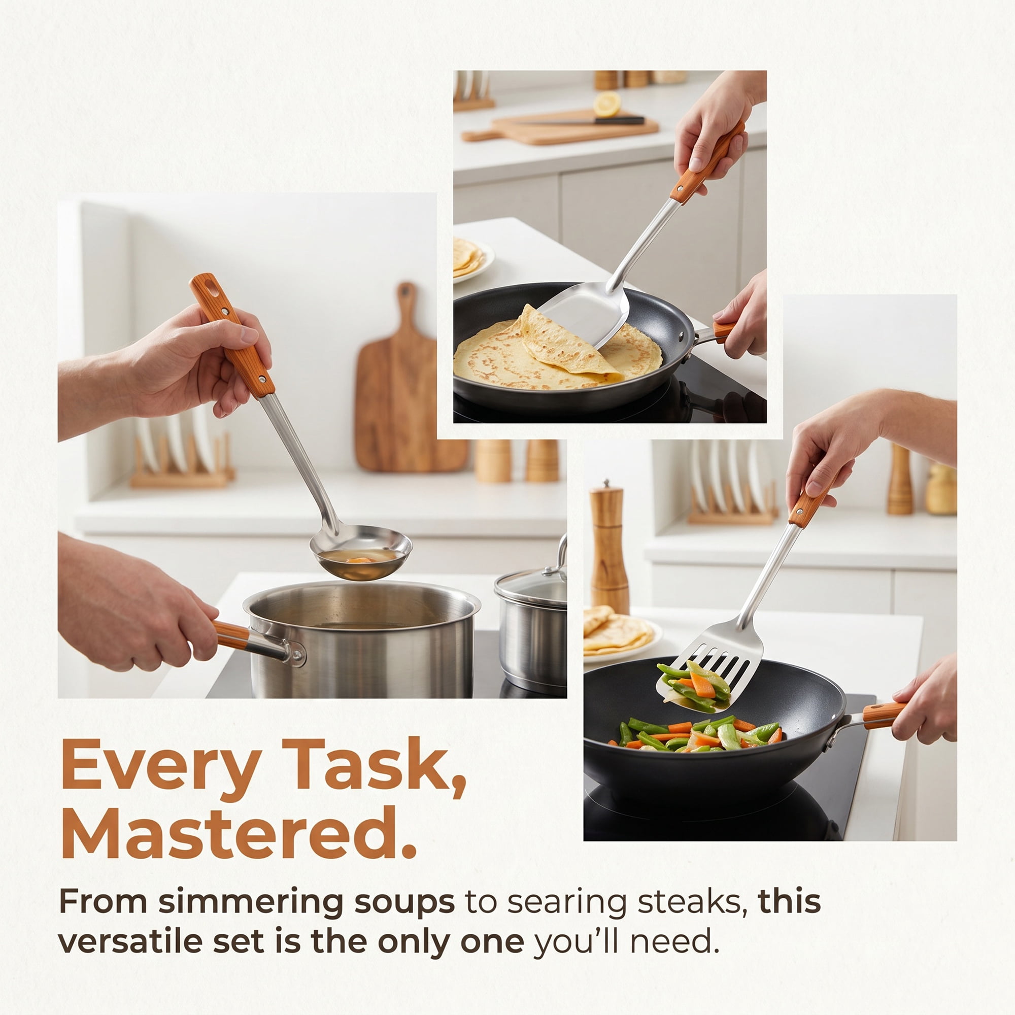 Unique Bargains Cooking Utensil Set, Stainless Steel Kitchen Gadgets Silver-Wood B 3pcs