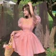 thumbnail image 3 of Mini vestidos de graduación con mangas abullonadas y cuello cuadrado, vestido de fiesta sin espalda con corte en A, color rosa claro, vestidos de baile de cumpleaños para niña encantadora, 3 of 5