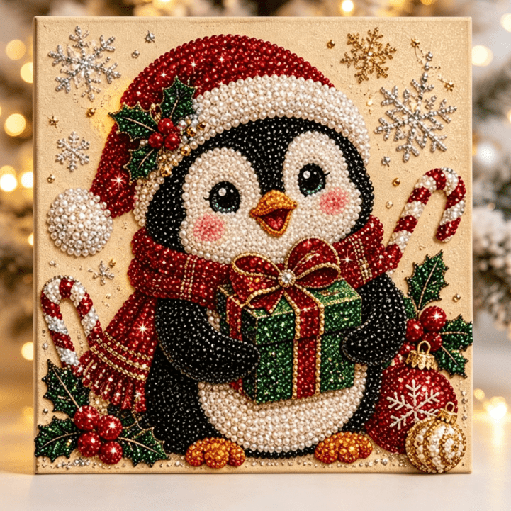 DIY Christmas Pearl Diamond Painting Art Kit with Frame Premium 3D Pearl Xmas Wall Art Set Gemstone Pearl Bead Craft for Tabletop Mounting Home Decor (Xmas Penguin)