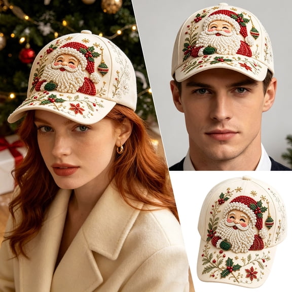 Forestwhale 3D Beaded Santa Baseball Cap Washed Rhinestone Dad Hat Winter Holiday Adjustable Sun Hat for Festive Style