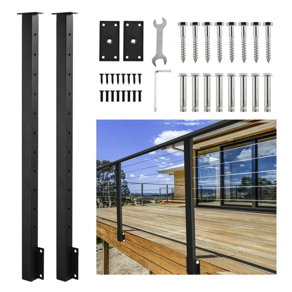 2 Pack Black Cable Railing Post Kit 44", Side Mount Deck Railing System, Pre-Drilled Metal Posts for Wood Decks(No Cable and Handrails)