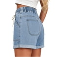 thumbnail image 5 of Miluxas Women's Jean Shorts Elastic High Waist Rolled Hem Wide Leg Denim Shorts with Drawstring & Pockets Y2K Street Jeans Beach Vacation Shorts Light Blue, 5 of 7