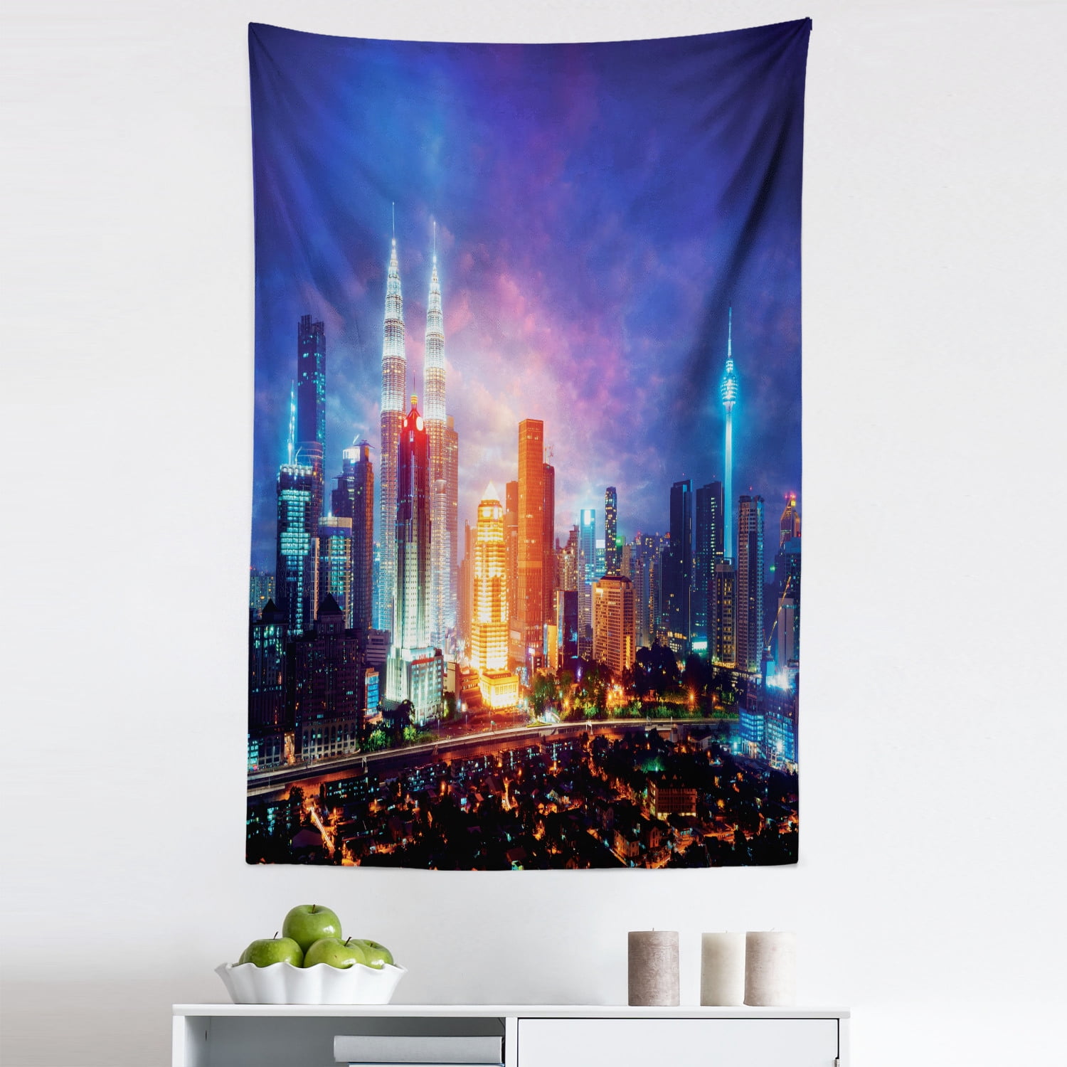 City Tapestry, Downtown Colorful Night Scene of Big Buildings Kuala