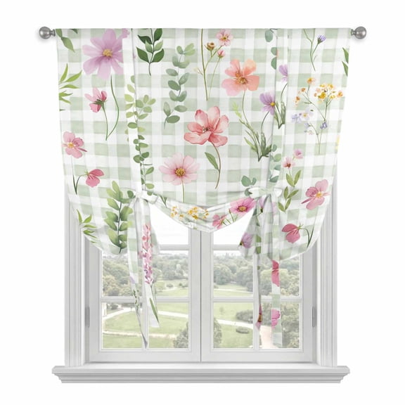 Spring Floral Balloon Curtains for Living Room/French Door, Pink Flowers Green Plaid Pastoral Tie Up Curtains 63 Inch Length Energy Saving Kitchen Curtains Shades for Windows 42"x63"