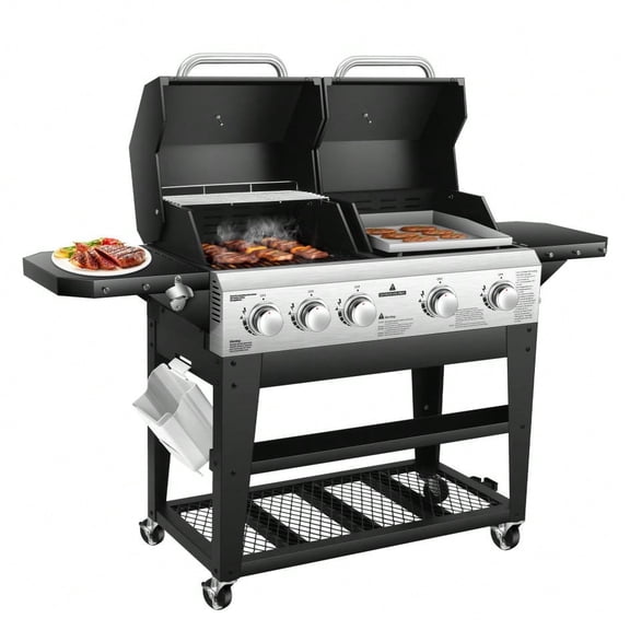 Propane Gas Grill and Griddle Combo with 54000 BTU Dual Cooking System, Stainless Steel Cooking Grates Heavy-Duty Griddle, Outdoor BBQ Grill with 4 Wheels and Storage Cabinet, Black