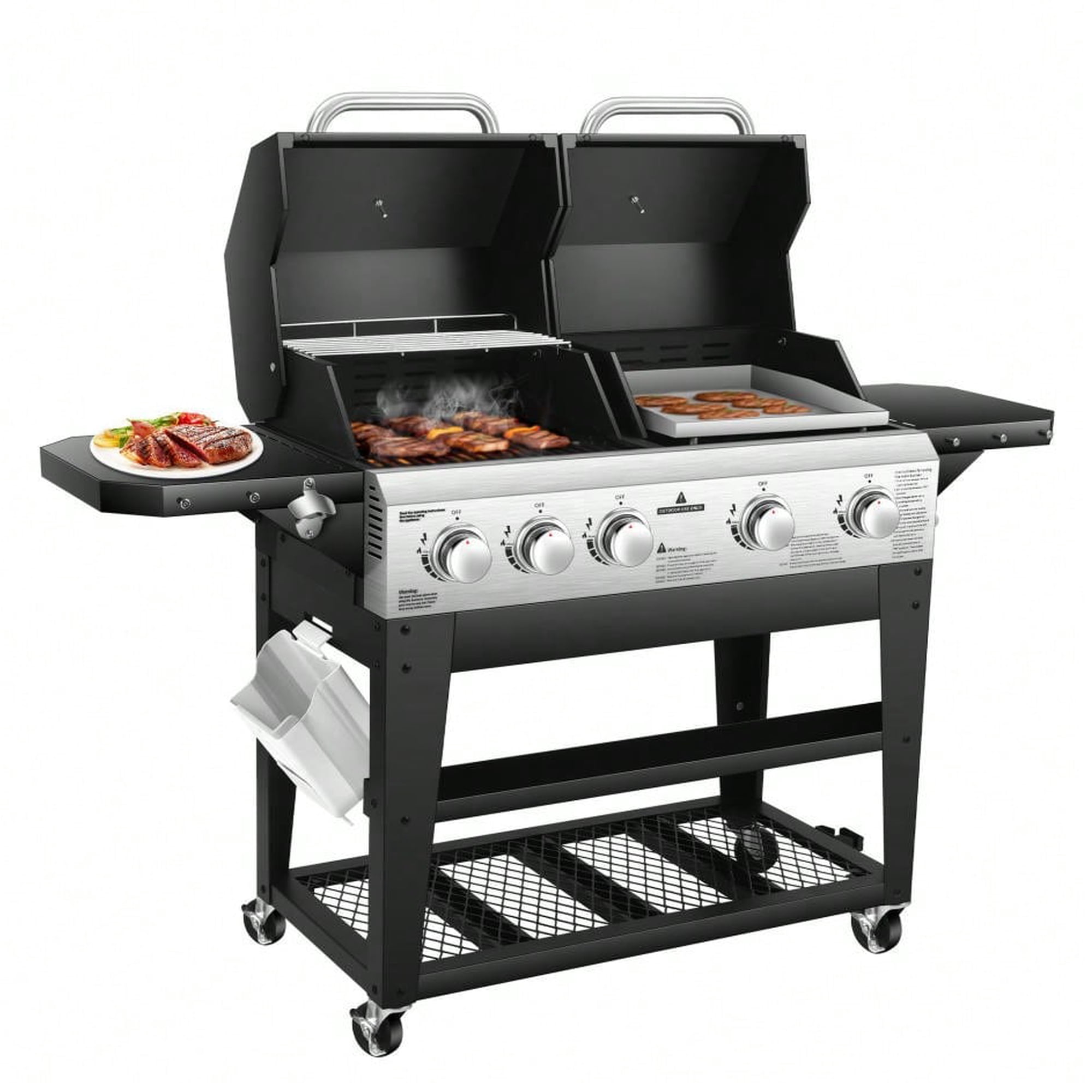 Propane Gas Grill and Griddle Combo with 54000 BTU Dual Cooking System, Stainless Steel Cooking Grates Heavy-Duty Griddle, Outdoor BBQ Grill with 4 Wheels and Storage Cabinet, Black