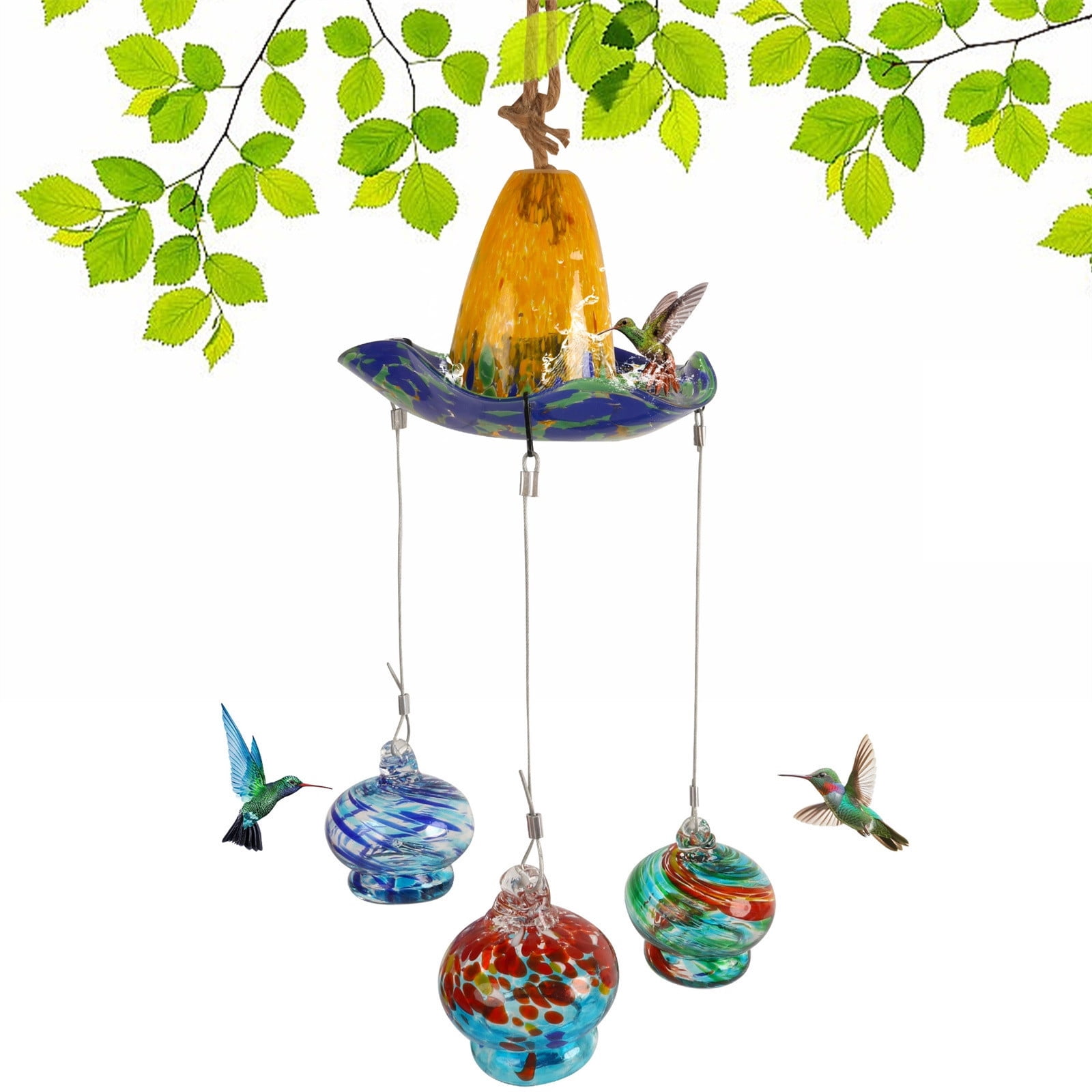 Kugisaki Hanging Bird Bath with 3 Pack Glass Hanging Hummingbird Feeders for Outdoors Glass Humming Bird Feeders Garden Decor for Outside