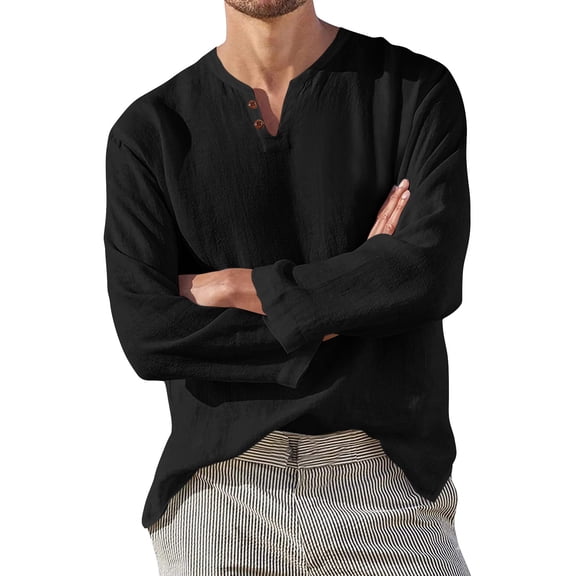 Krdevn Mens Shirts - Men Casual Cotton Linen Shirt Loose Tops Long Sleeve Cardigan Summer Shirt V Neck,Mens Fall Shirts,Color:Black,Size:3XL