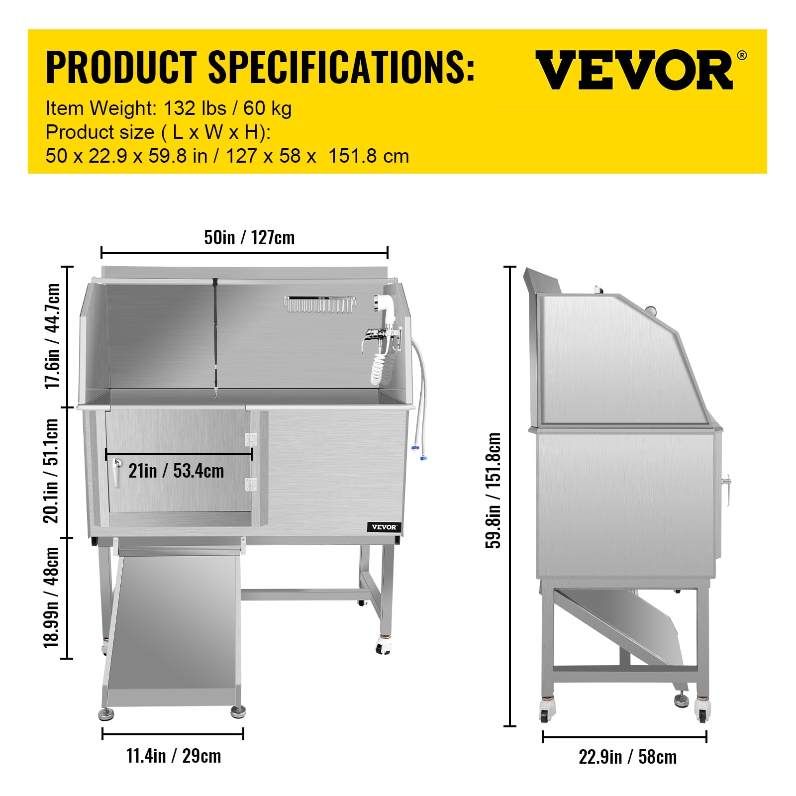 VEVOR Dog Grooming Tub, 50 R Pet Wash Station, Professional Stainless  Steel Pet Grooming Tub Rated 330LBS Load Capacity, Non-Skid Dog Washing  Station Comes with Ramp, Faucet, Sprayer and Drain Kit