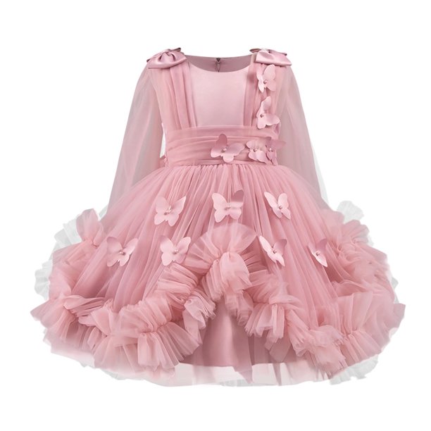 Odeerbi 1-9 Años Niñas 3D Mariposa Tul Vestido de Manga Larga Ruffle Alto Vestido de Princesa Bajo Para La Fiesta de Boda Cumpleaños