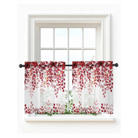 Red Eucalyptus Leaves Tier Curtains 36 Inch Length,Sheer Curtains for Bedroom Living Room Window Summer Botanical Weeping Rod Pocket Drapes Kitchen Curtains Small Half Window 27.5"x36" 2 Panels