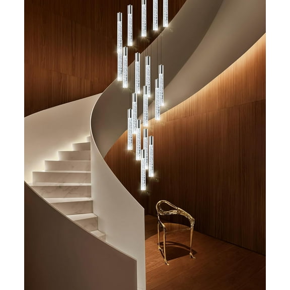 Modern Crystal Chandelier Dimmable LED Pendant Light Fixture 18-Light Silver Staircase Mini Chandelier Lobby Living Room Bedroom Foyer Flush Mount High Ceiling Light Fixtures(90W)