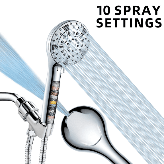 NEWJOEY Detachable Filtered Handheld Shower Head, High Pressure, 10 Multi-Function Spray Modes, 59-inch Hose, Chrome Finish