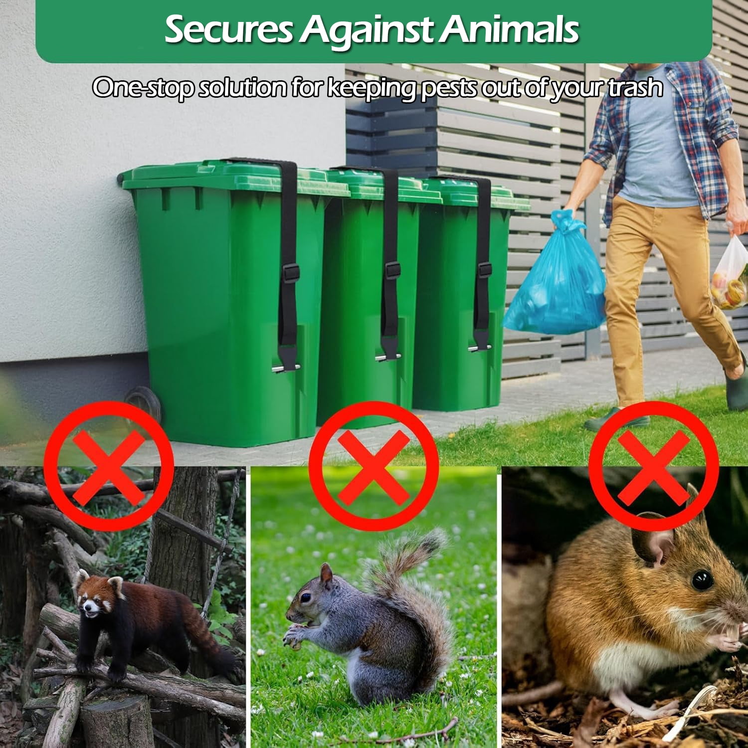 IC ICLOVER [2 Pack] Trash Can Lock for Animals/Raccoons, Metal Double Claw Garbage Lid Lock Security Strap, Outdoor Adjustable Bungee Cord Trash Can Bin Lock