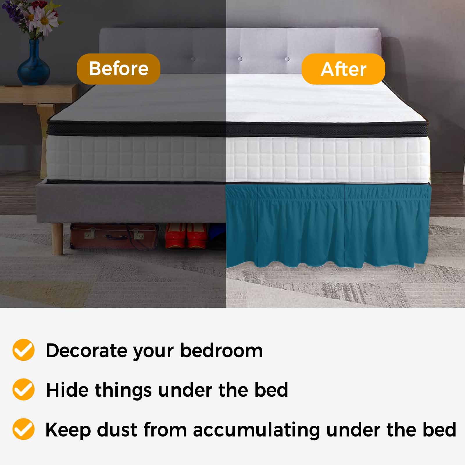 Bed Skirt Solid Dark Adjustable Elastic Wrap-Around Dust Ruffle with Teal 18 Inch Drop, Bed Frame Cover for Queen Size Bed