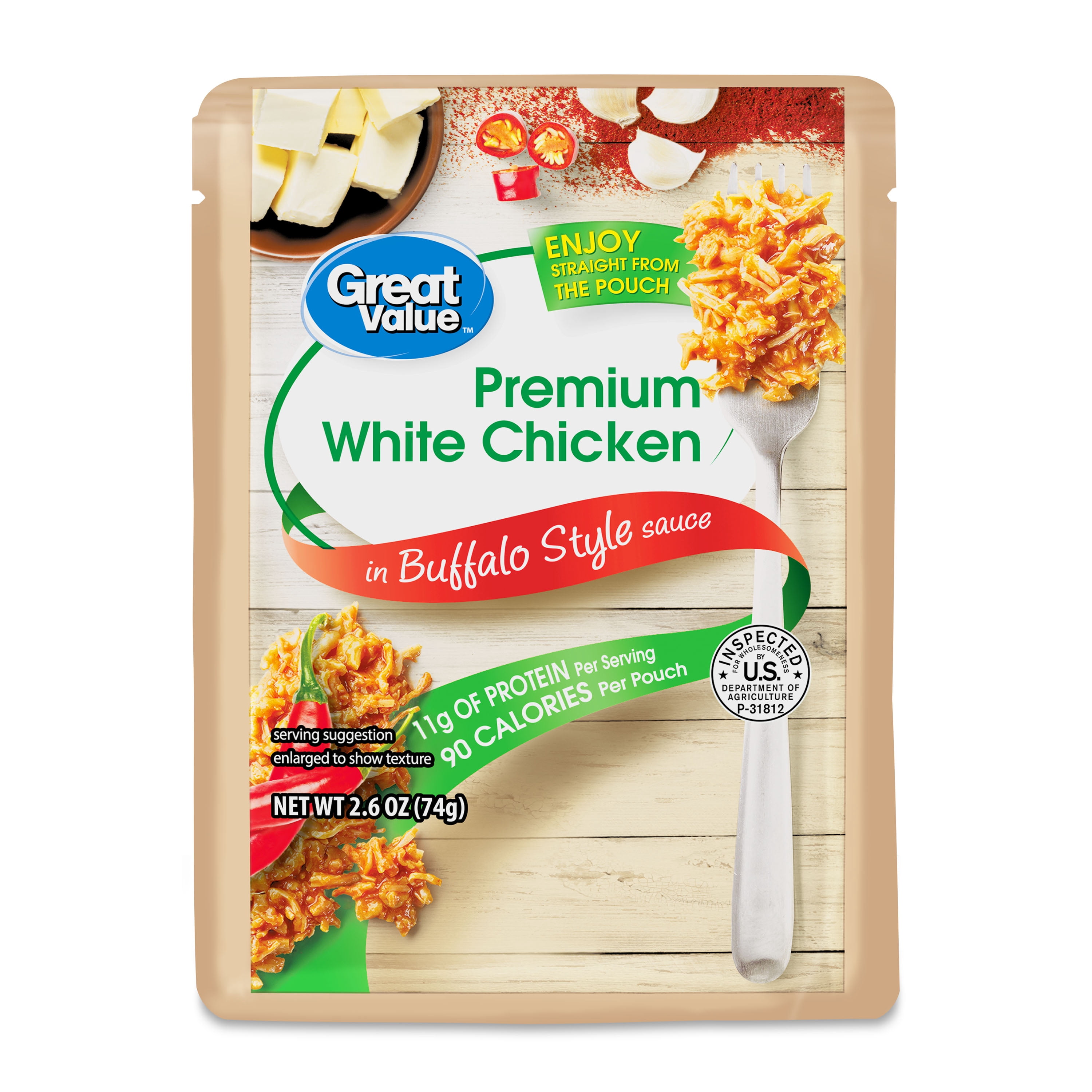 (6 pack) Great Value Premium White Chicken, in Bold Buffalo Sauce, 2.6 oz Pouch (Shelf-Stable)