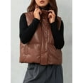 thumbnail image 5 of Women Faux Leather Puffer Vest Stand Collar Sleeveless Padded Waistcoat Zip-Up Button Quilted Jacket Warm Outerwear, 5 of 7