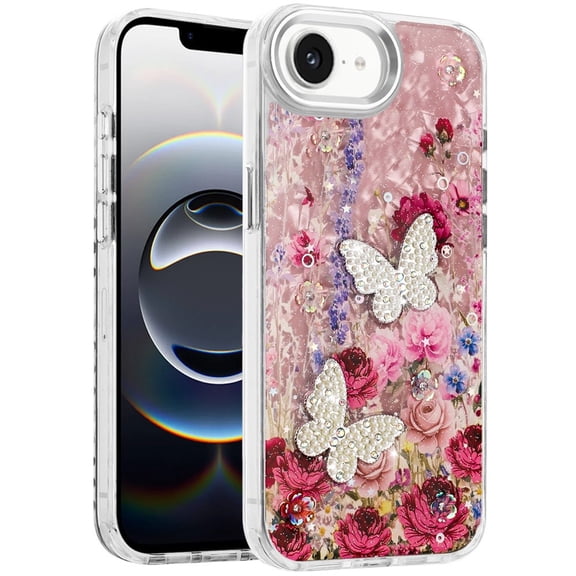 XPM for Apple iPhone 17E /16E Epoxy Glitter Flowers Bling 3D Butterfly Fashion TPU Hybrid with Shockproof Protection Phone Case Cover (Red)