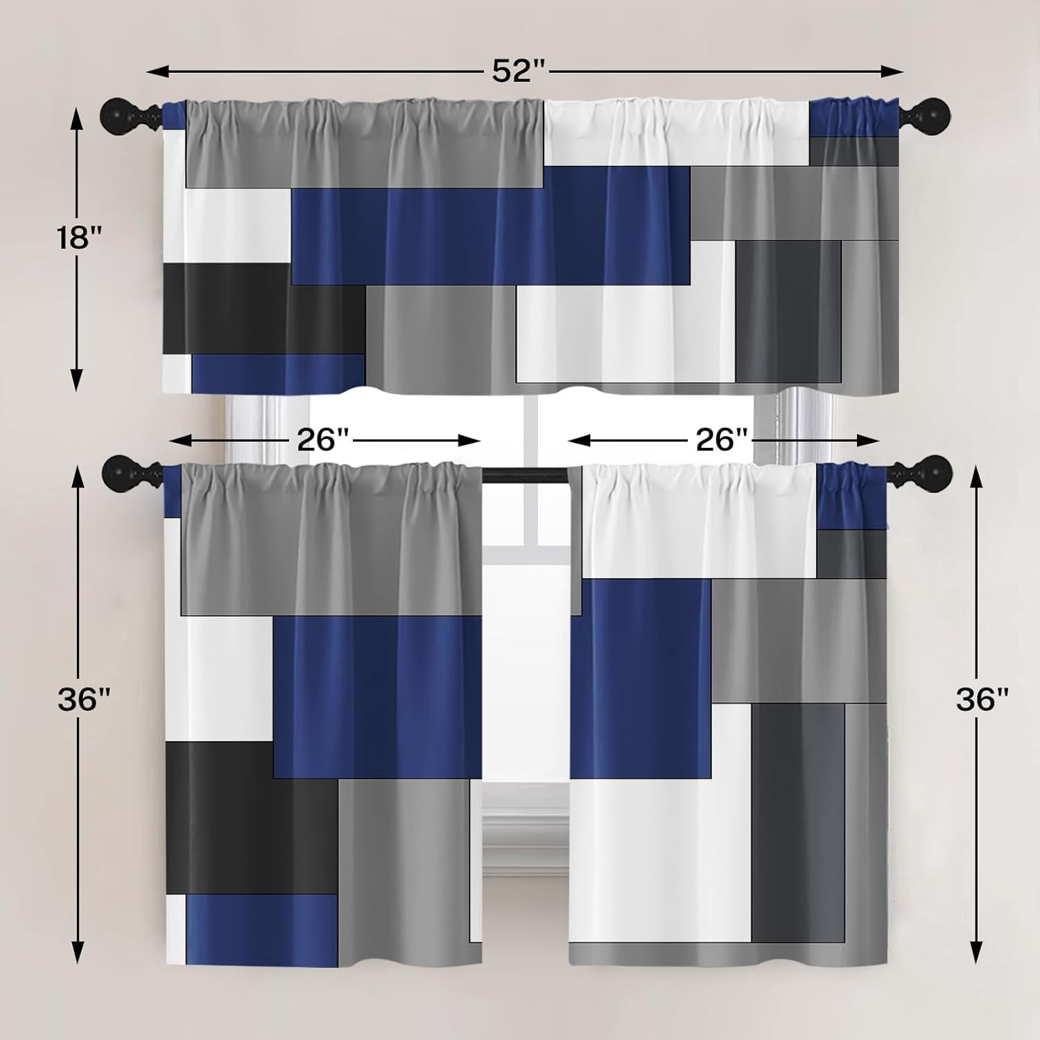 Navy Blue Geometric Kitchen Curtains Checkered Window Curtains Valance and Tier Set 36 Inch, Black Grey White Short Tier Curtain for Kitchen, Modern Abstract Small Kitchen Decor