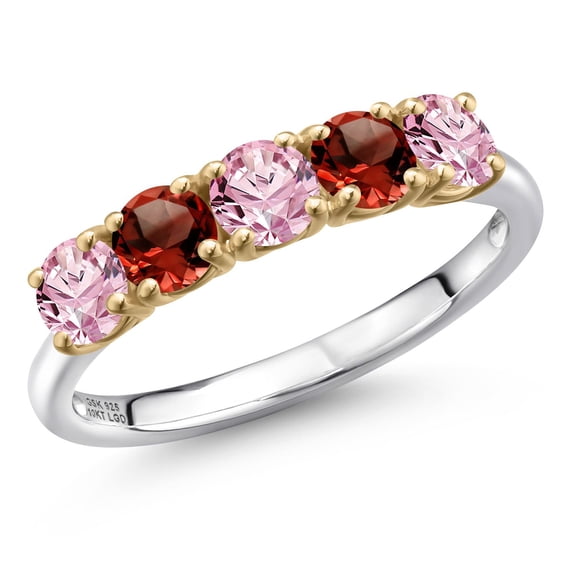 Gem Stone King 925 Silver and 10K Yellow Gold Pink Lab Grown Diamond and Red Garnet Wedding-Bands Ring for Women | 1.49 Cttw | Round 4MM | Gemstone April Birthstone | Size 6