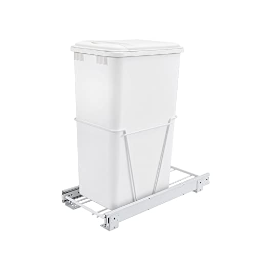 Rev-A-Shelf Single Pull Out Under Sink 50 Qt Trash Can for Base Kitchen/Bathroom Cabinets w/Lid, Slides, and Simple Installation, White, RV-12PB-50 S