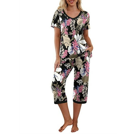 

Sexy Dance Women Floral Pajama Set Sleepwear Tops with Capri Pants Outfits Ladies Summer Comfy Sleep Nightshirt PJS Set