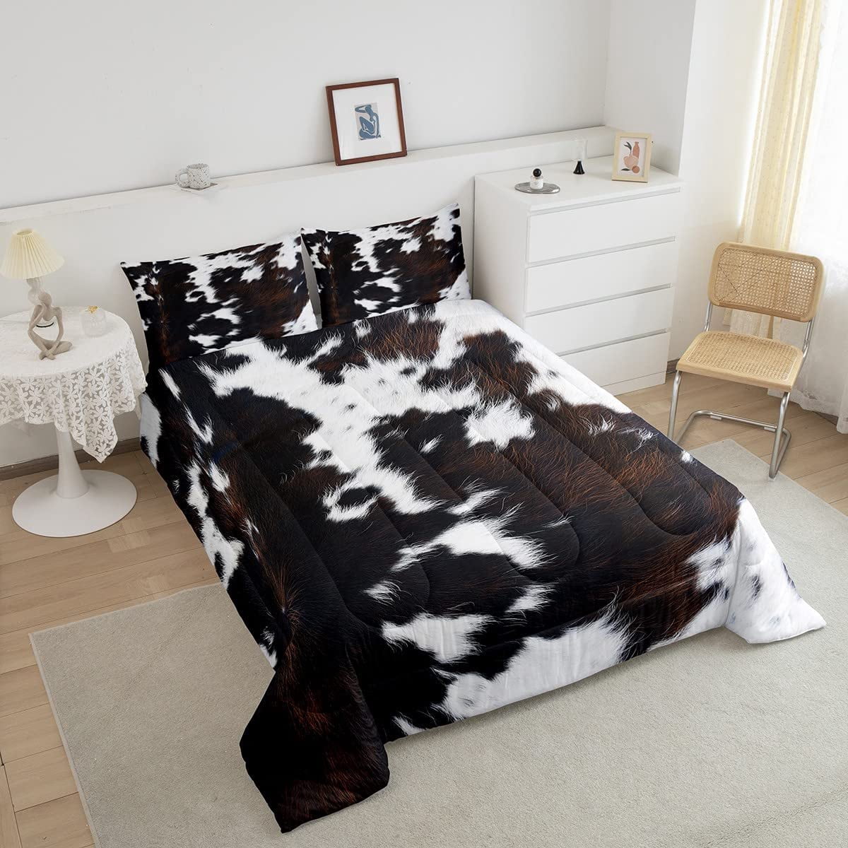 Brown Cowhide Comforter Set King,Black White Aztec Cow Print Bedding Set Western Farmhouse Animal Down Comforter for Kids Boys Girls,Rustic Cowboy Quilt Duvet Set 2 Pillow Cases Bedroom Decor