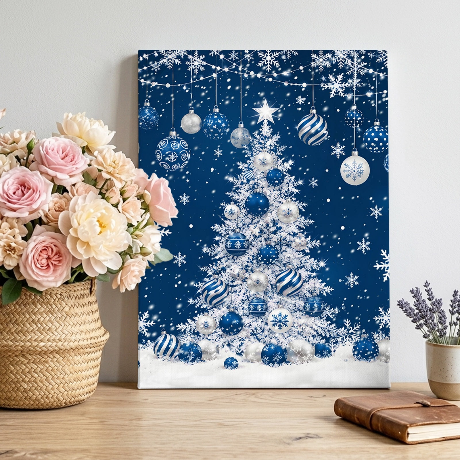 Navy Blue Christmas Tree Canvas Wall Art Winter Silver Snowflake Xmas Ball Snowy Pictures Wall Decor Wooden Framed Artwork Art Prints for Living Room Hallway Bedroom Office 20 x30
