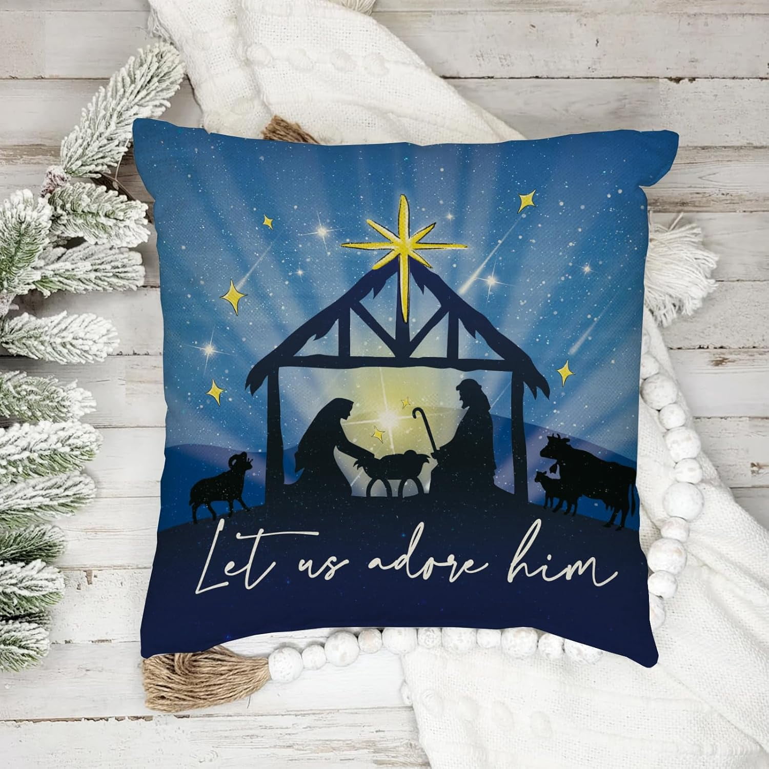 Christmas O Holy Night Decorative Throw Pillow Covers 18x18 Set of 4, Religious Xmas Jesus Nativity Navy Blue Outdoor Pillowcase, Rejoice in The Lord Winter Holiday Cushion Case Home Decor
