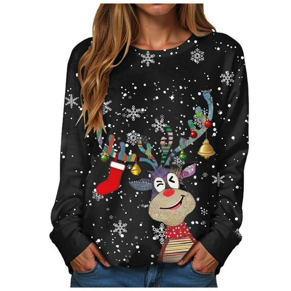 larppty Womens Long Sleeve Christmas Sweatshirt Casual Crew Neck Cute Xmas Graphic Pullover Tops Lightweight Loose Fit Sweater 2025 Fall Outfit (Black, L)