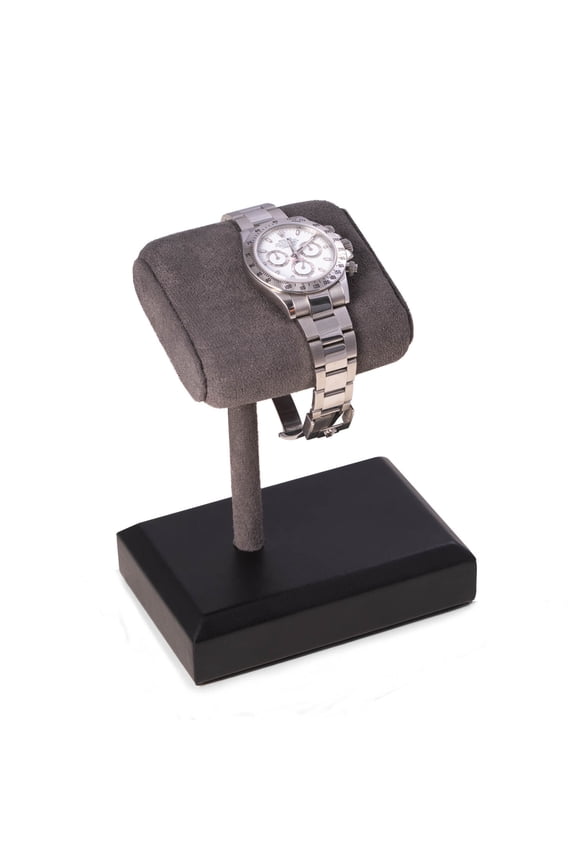 Matte black single watch display stand with grey suede cushion