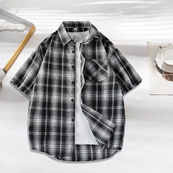 KeShDi Men's Flannel Shirts Men's Casual Fashion Striped Short-Sleeved Turndown Collar Blouse/Shirt Black 5X