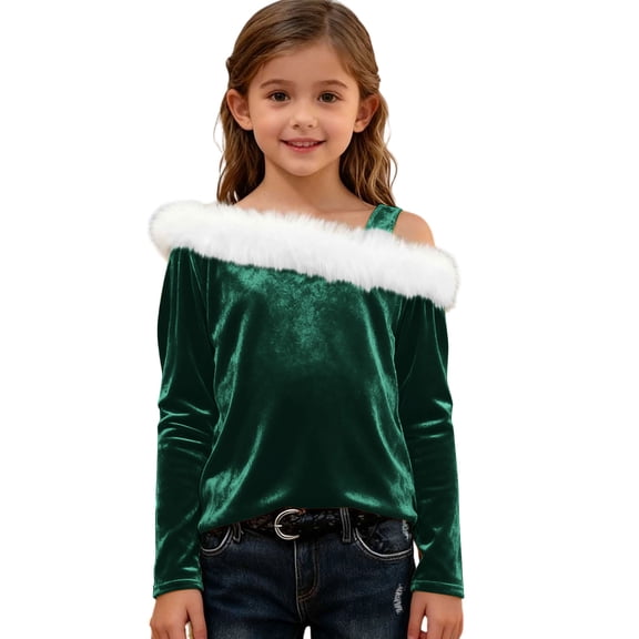 Girls' Velour Off Shoulder Blouse Top Christmas Festive Furry Collar Long Sleeve Shirt Autumn & Winter Top (4-14 Years)