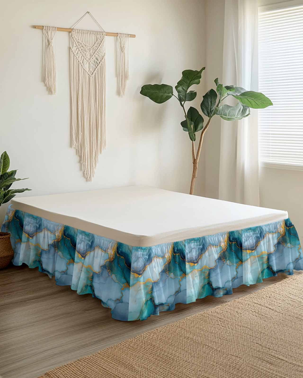 Marble Teal Yellow Wrap Around Bed Skirts for Queen Bed 16" Drop, Bed Skirt with Adjustable Elastic Belt Dust Ruffle Bed Valance for Bedroom Hotel Luxury Abstract Art Ink Painting Bed Frame Cover