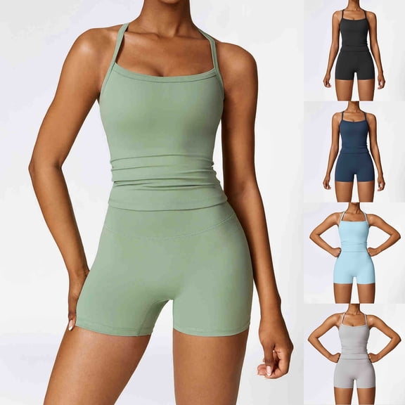 Lkhaha 2 Pieces Workout Sets for Women Cross Back Tank Top Matching High Waist Booty Lifting Biker Shorts Gym Yoga Pilates Light Blue L