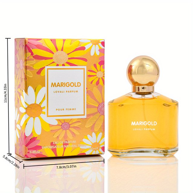 fresh aroma eau de toilette perfume for women - perfect for business, dating, and daily use! 100ml HAMEAOZK perfume para mujer, vista frontal del frasco de vidrio con líquido ámbar y tapa redonda dorada junto a caja floral amarilla y rosa marcada "MARIGOLD" sobre fondo blanco; a menudo usado como fragancia diaria y para salidas.
