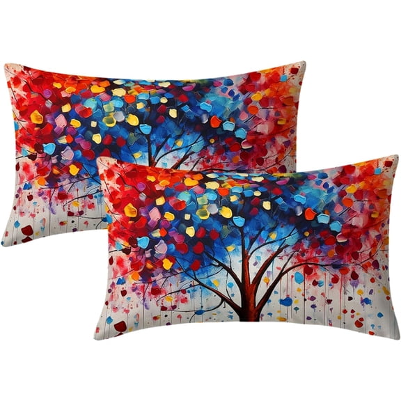 Colorful Painting Tree Pillow Covers - Rainbow Trees Throw Pillow Cover 12x20 Abstract Art Pillowcases Set of 2 Colored Plant Cushion Cover for Home Outdoor Office Sofa
