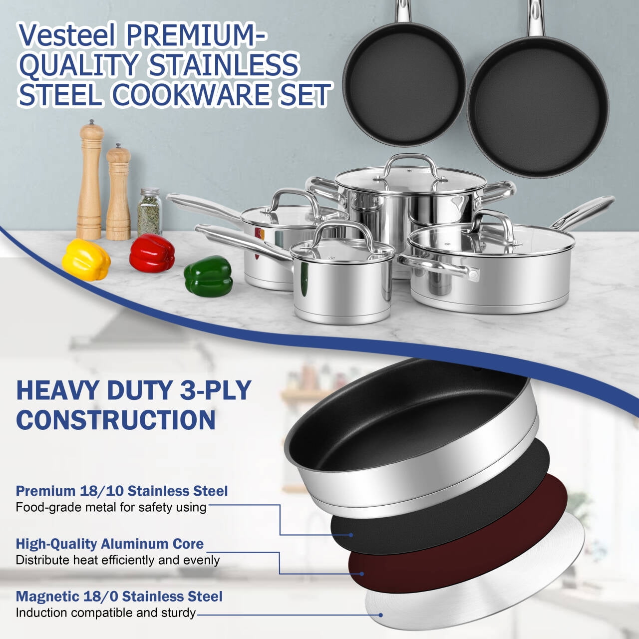 Vesteel 10 Pcs Stainless Steel Pots and Pans Sets, Kitchen Cookware Set of 6, Induction Cooking Pot & Saucepans with Lids, Nonstick Frying Pans & Saute Pan