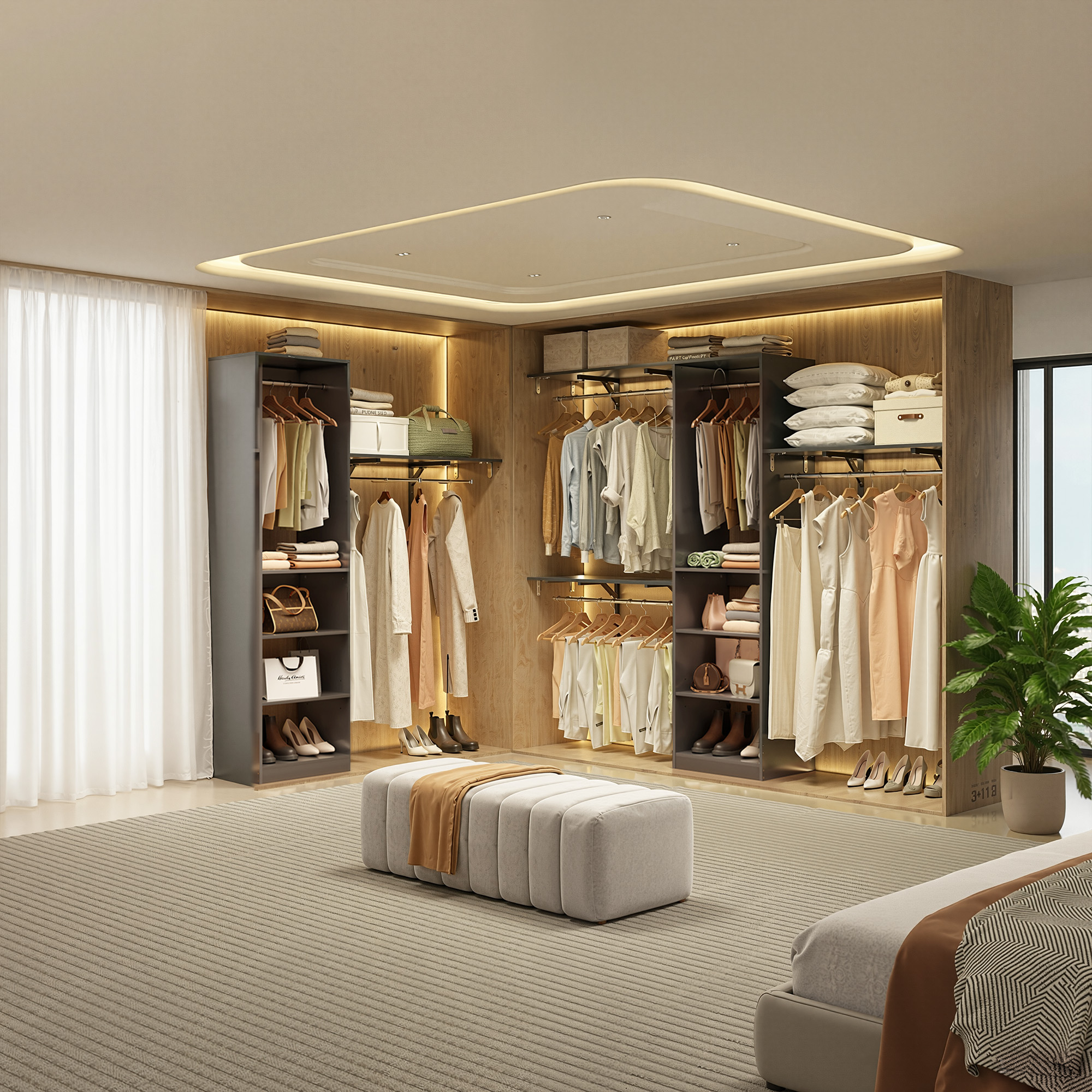 MAYEERTY Gray 96*16*75" Heavy Duty Wood Closet Organizer, 4 Rods & 5 Shelves, Fits 5-10 ft Spaces
