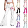 thumbnail image 2 of LRen Flare Pants for Girls Pink Ribbon Wide Leg School Uniform Pants Slim Fit Casual Preppy Dress School Uniform Clothes Tween Denim Pants Age 15-16 Years, 2 of 6