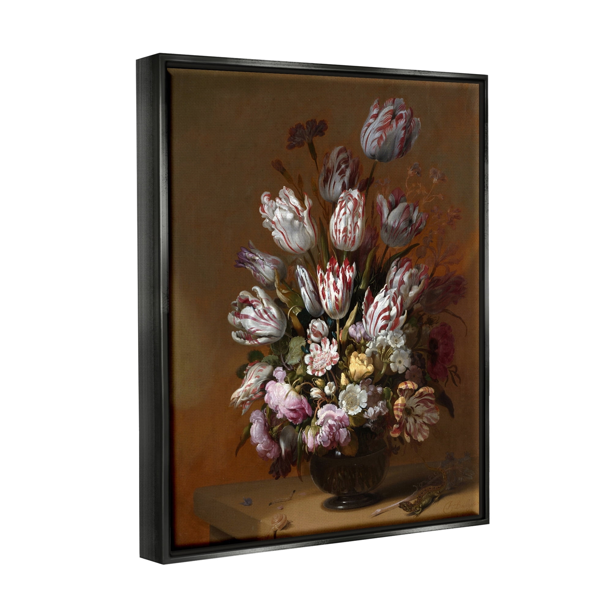 Stupell Industries Still Life with Flowers Traditional Hans Bollongier Paintings Painting Jet Black Floating Framed Canvas Print Wall Art, Design by one1000paintings