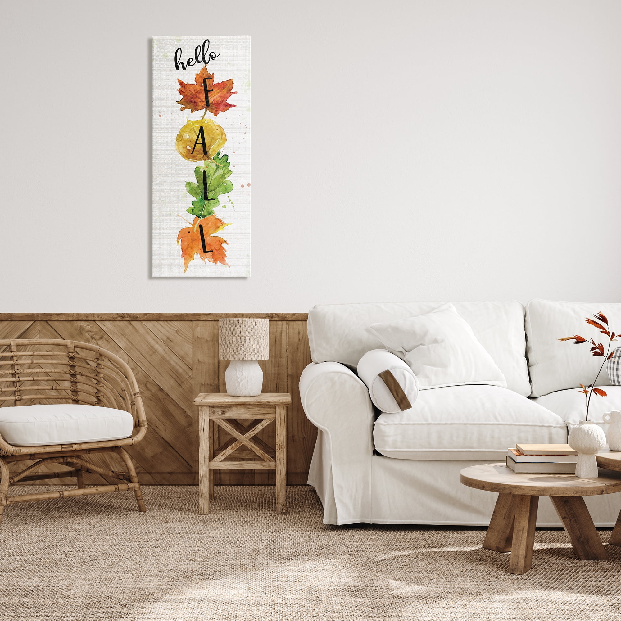 Stupell Indtries Hello Fall Greeting Autumn Foliage Stacked Leaves,17 x 40,Design by Carol Robinson