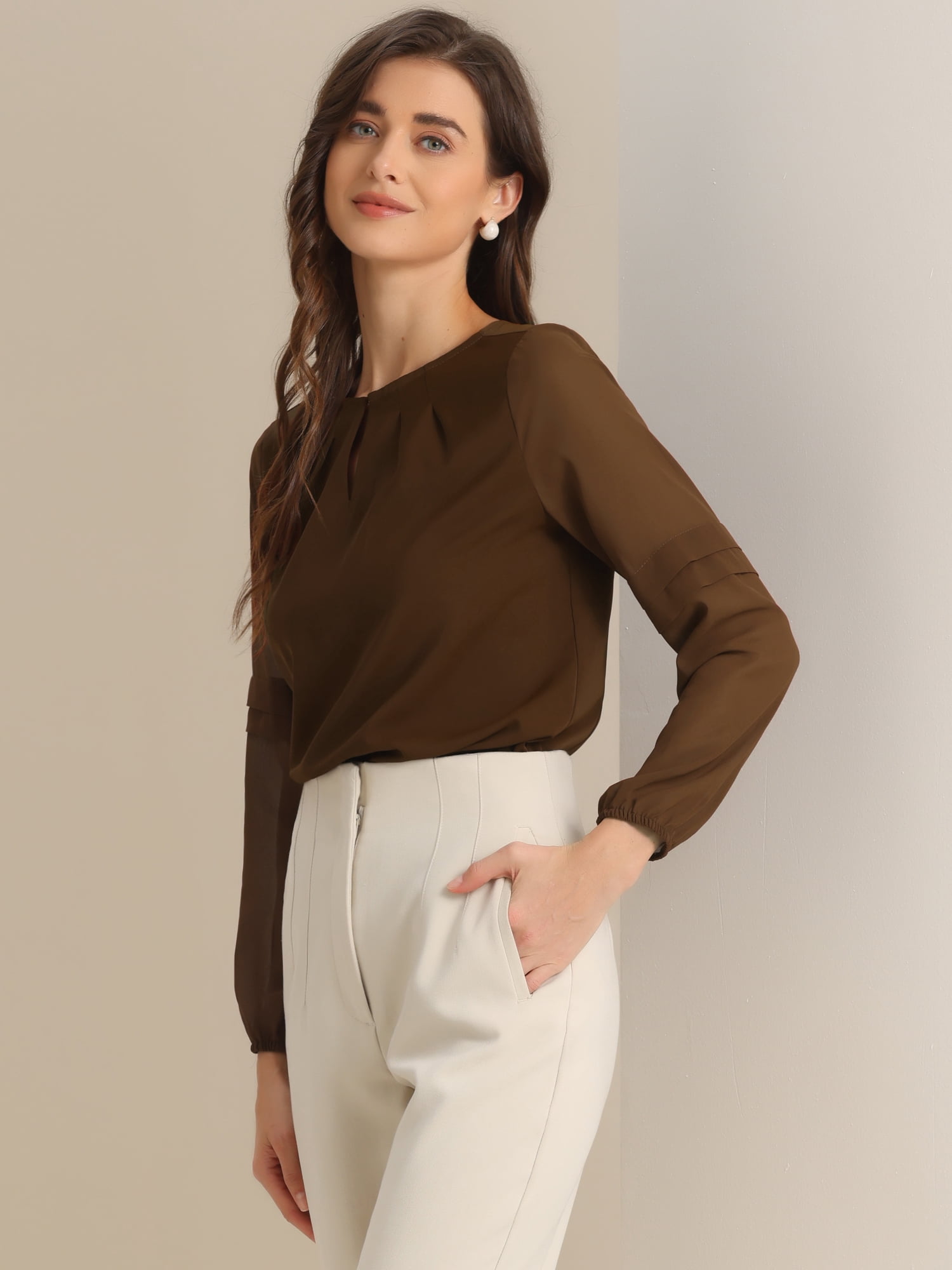 DARING DIVA Chiffon Semi Sheer Long Sleeves Keyhole Neck Blouse XS Dark Brown