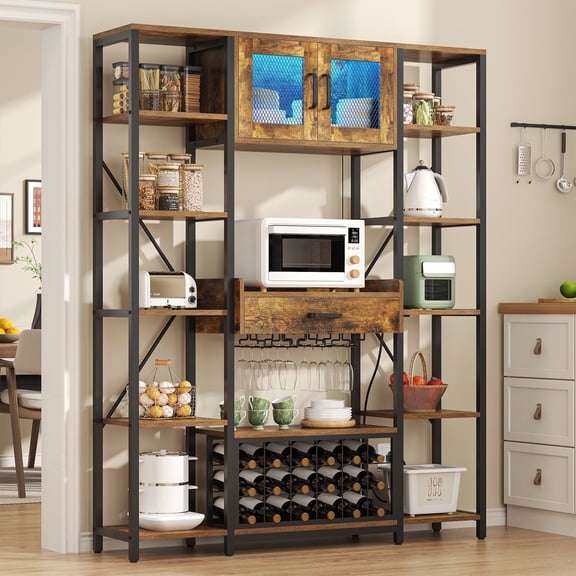 ModFurne Wine Bar Cabinet with LED Light & Charging Station, Liquor Cabinet with Wine Holder, Display Shelf with Drawer & Storage, Brown