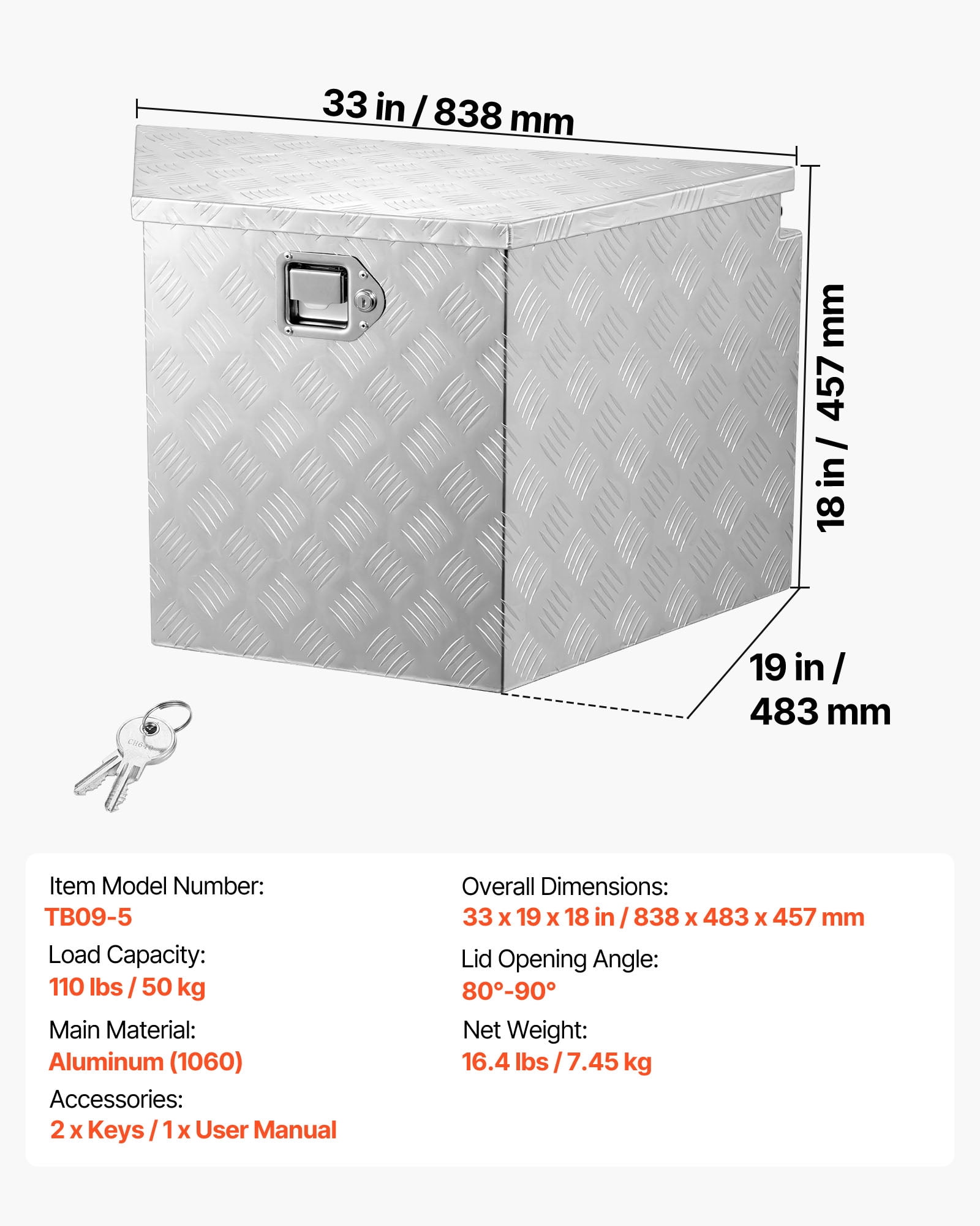 VEVOR Trailer Tongue Box, 33" x 19" x 18" Aluminum Trailer Tongue Tool Box, Heavy Duty Storage Organizer with Lock and Keys, Utility Tool Chest for Pickup Truck Bed, RV, SUV, Off-Road Vehicle, Silver