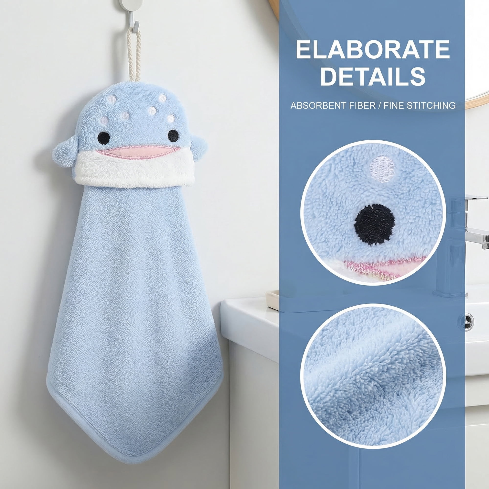 Unique Bargains Hanging Hand Towel Soft Absorbent Quick Dry Towel Blue Shark 15" x 8"