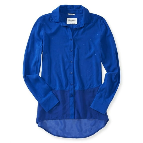 Aeropostale Womens Signature Shimmer Button Up Shirt, Blue, Juniors, Small