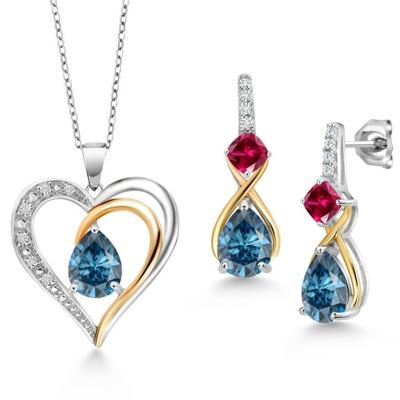 Gem Stone King 925 Sterling Silver and 10K Yellow Gold Persian Blue Moissanite Red Created Ruby and White Lab Grown Diamond Pendant Necklace Earrings Set for Women (3.49 Cttw, with 18 inch Chain)