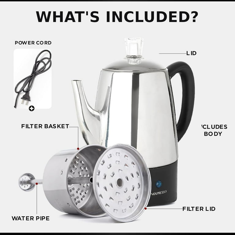Mixpresso Electric Coffee Percolator Stainless Classic Pot Filter Basket 10 cups