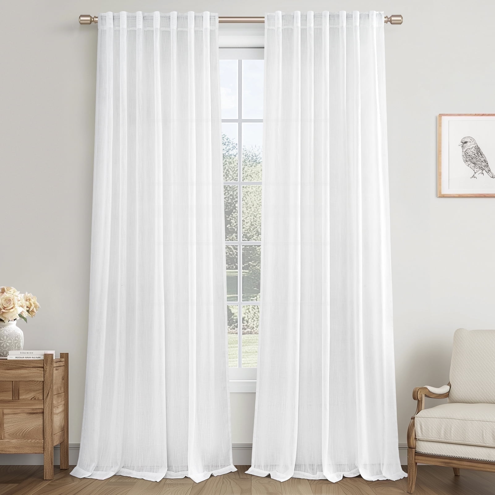 Topfinel Linen Curtains Soft Textured Semi Sheer Light Filtering Drapes Rod Pocket Back Tab Window Treatments for Living Room Bedroom, White, 50"x84", 2 Panels